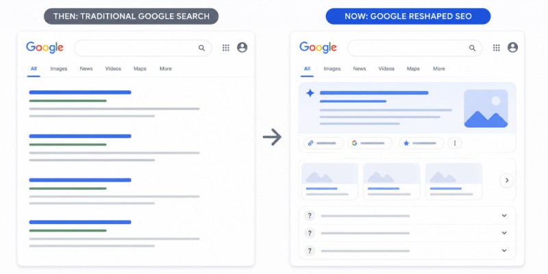 Traditional Google search interface and modern Google search interface