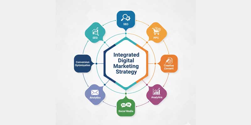 Integrated digital marketing strategy combining SEO, PPC, content, social media, and analytics for scalable growth