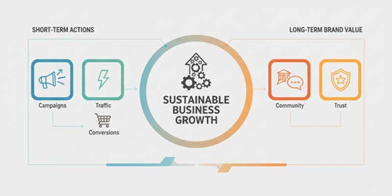 Visual explaining how short-term actions and long-term value work together for growth
