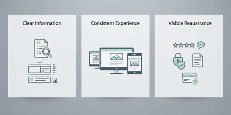 An illustration showing clear information, consistent experiences, and reassurance elements working together across digital platforms.