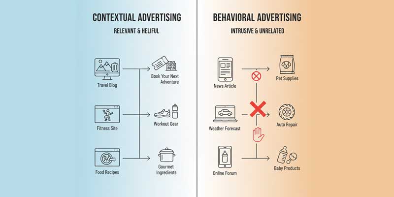 Illustration comparing ads placed based on page topics versus ads following users online.