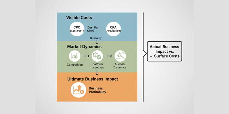Paid advertising cost layers showing CPC, CPA, competition, platform incentives, and real business profitability