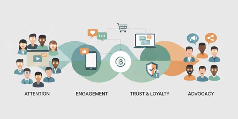 Diagram showing how meaningful communication builds long-term audience relationships