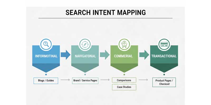 Search intent mapping framework showing informational to transactional SEO content strategy