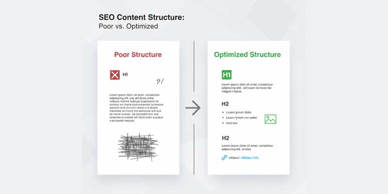 Comparison of poor and optimized content structure for improved SEO readability and engagement