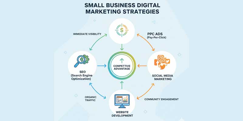 Infographic displaying key digital marketing strategies for small businesses to enhance brand positioning and compete with big brands online.