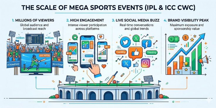 Mega sports events marketing reach showing millions of viewers, social media engagement and brand visibility growth during IPL and World Cup.