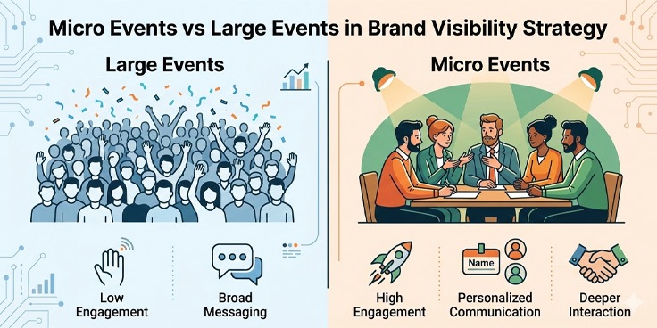 Comparison of micro events and large events in event-based marketing showing deeper engagement for brand visibility strategy.