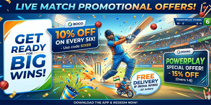 Cricket match based marketing offers showing discounts and promotions triggered by sixes, wins and powerplay moments.