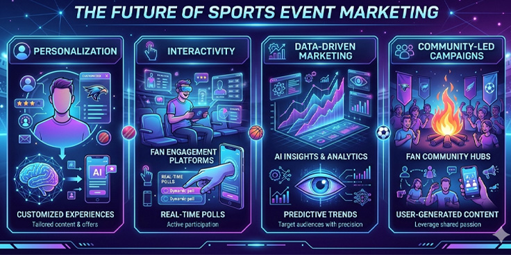 Future of sports event marketing showing personalization, data driven campaigns, interactive fan engagement and community led branding.