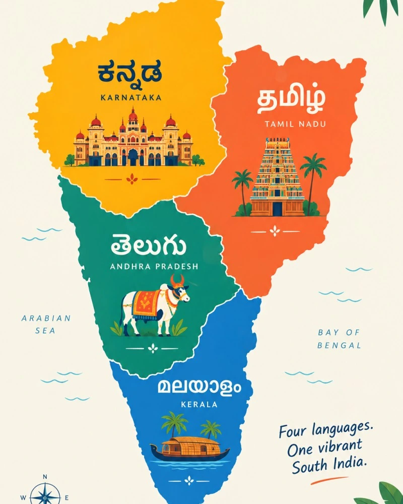 A stylised map of South India split into four coloured regions with a language script and a cultural icon in each, clean infographic style.