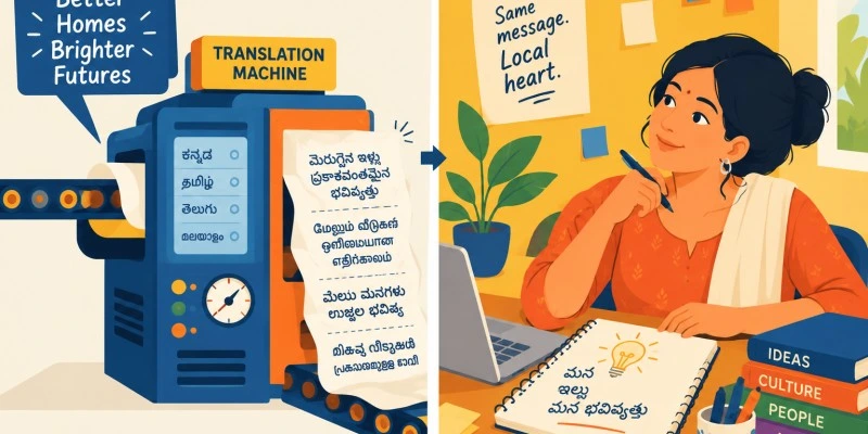 A two-panel graphic: on the left, an English tagline passing through a stiff translation machine; on the right, a native writer sketching a fresh idea, bright flat design. 