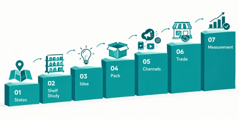 A seven-step ascending staircase with simple icons for states, shelf study, idea, pack, channels, trade and measurement, teal and white vector style, 16:9.