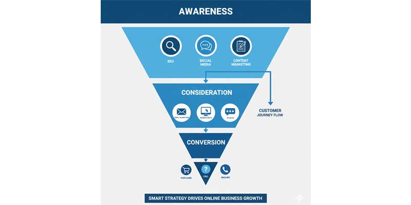 Digital marketing funnel showing SEO, content, social media and email driving online business growth