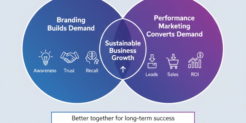 Branding and performance marketing synergy infographic showing demand creation and conversion driving long term growth