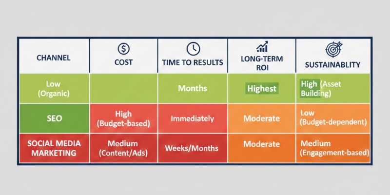 ROI formula and short-term vs. long-term marketing returns with SEO organic traffic growth trend.