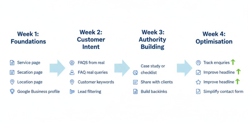High converting service page SEO layout with headline, trust signals, pricing and call to action.