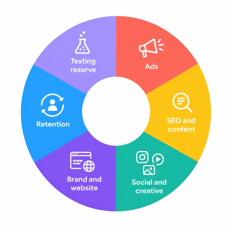 A donut chart divided into six coloured segments (ads, SEO and content, social and creative, brand and website, retention, testing reserve), clean flat design, bright palette.