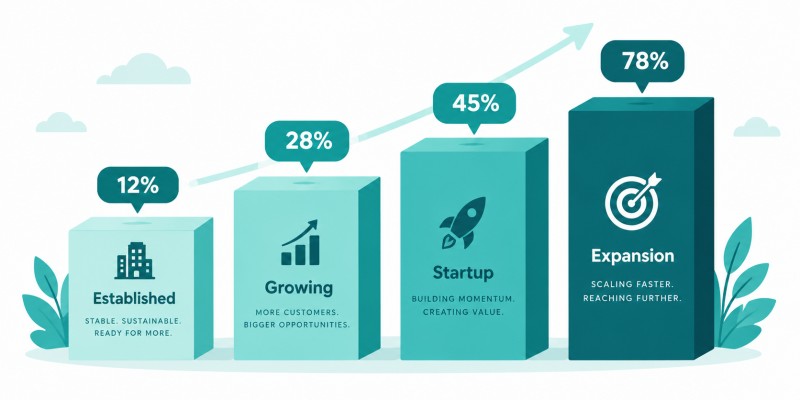 A clean infographic with four ascending bars labelled Established, Growing, Startup and Expansion, each with a percentage tag, teal and white vector style.