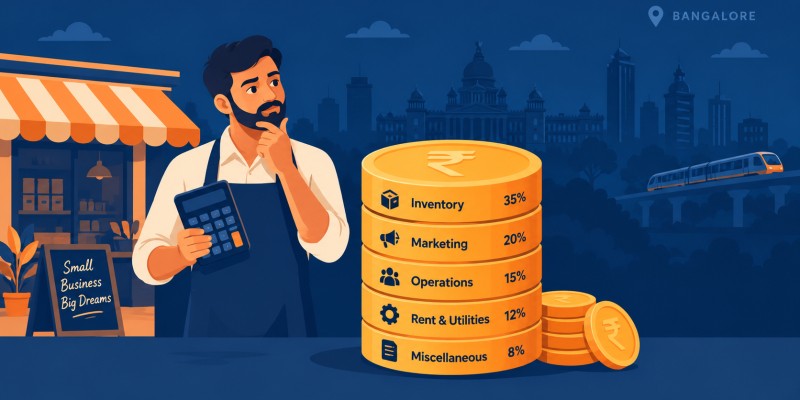 A flat-style illustration of a small shop owner holding a calculator beside a stack of rupee coins split into labelled segments, with a subtle Bangalore skyline behind, deep navy and orange palette.
