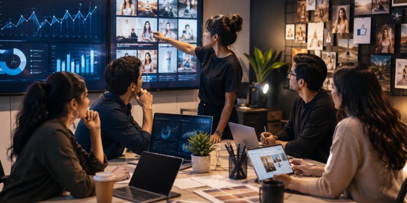Marketing team reviewing campaign analytics