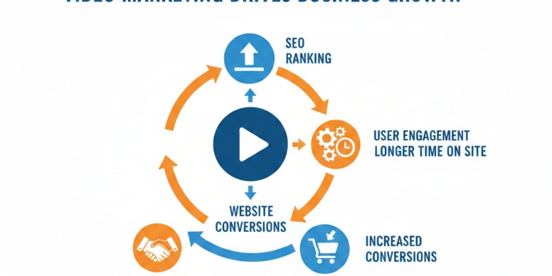 Video SEO impact showing higher rankings, more traffic, longer engagement and backlink growth.