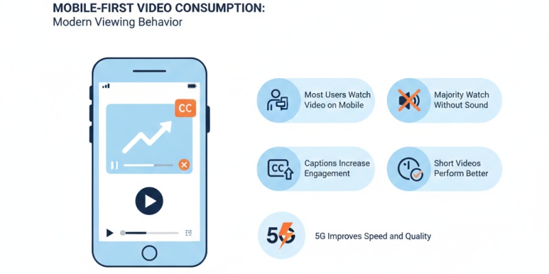 Mobile-first video marketing infographic showing smartphone video viewing, captions, mute viewing, and 5G impact on engagement.