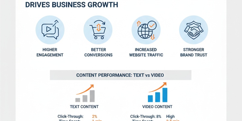 Business video strategy framework showing planning, production, distribution, and performance tracking for better marketing results.