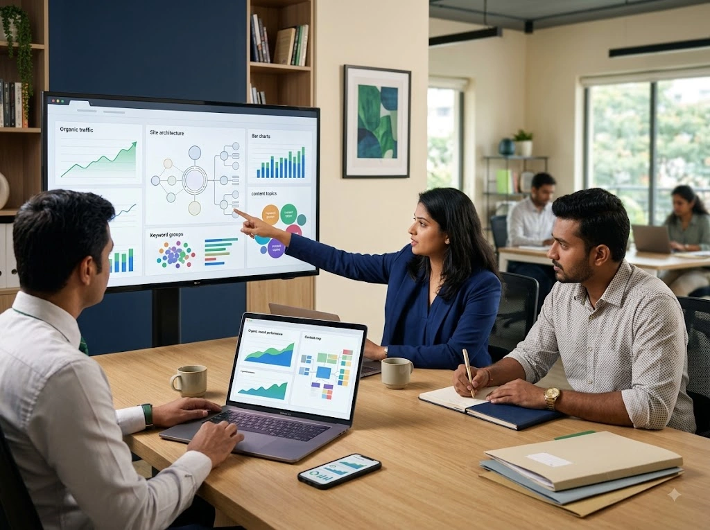 SEO specialists developing a long-term organic search strategy for education