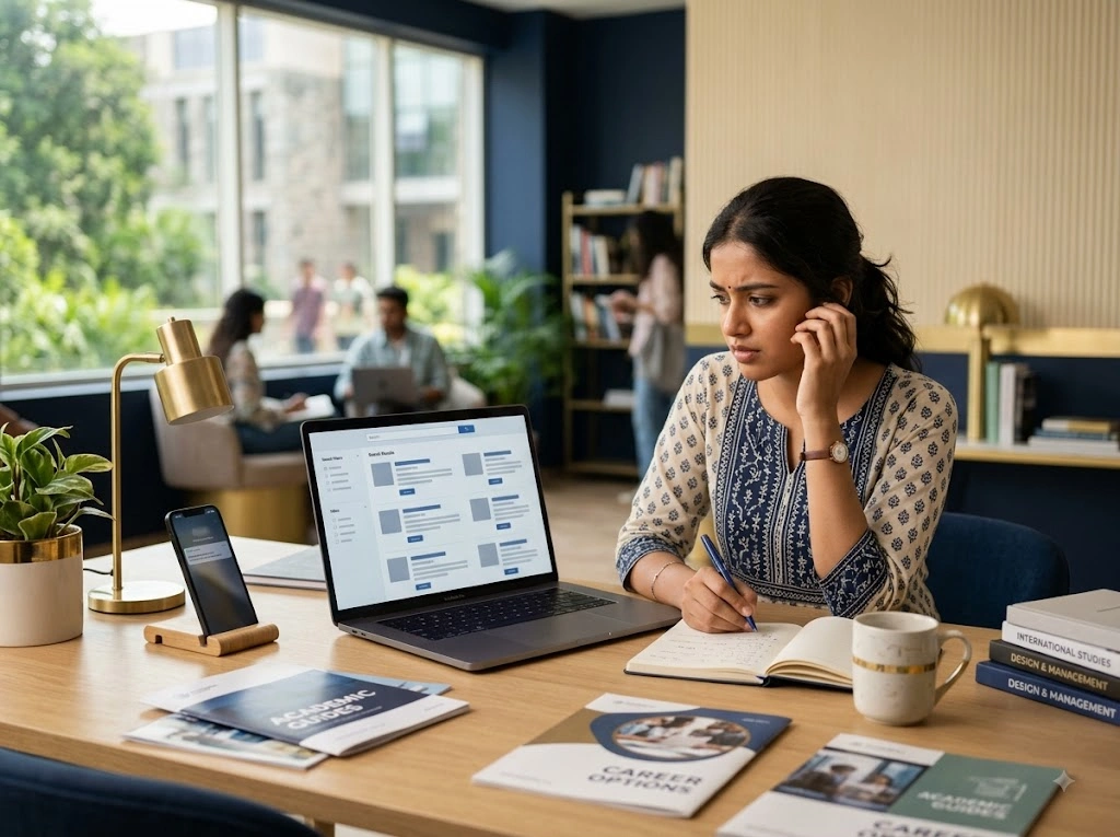 Prospective student comparing higher education options through online search